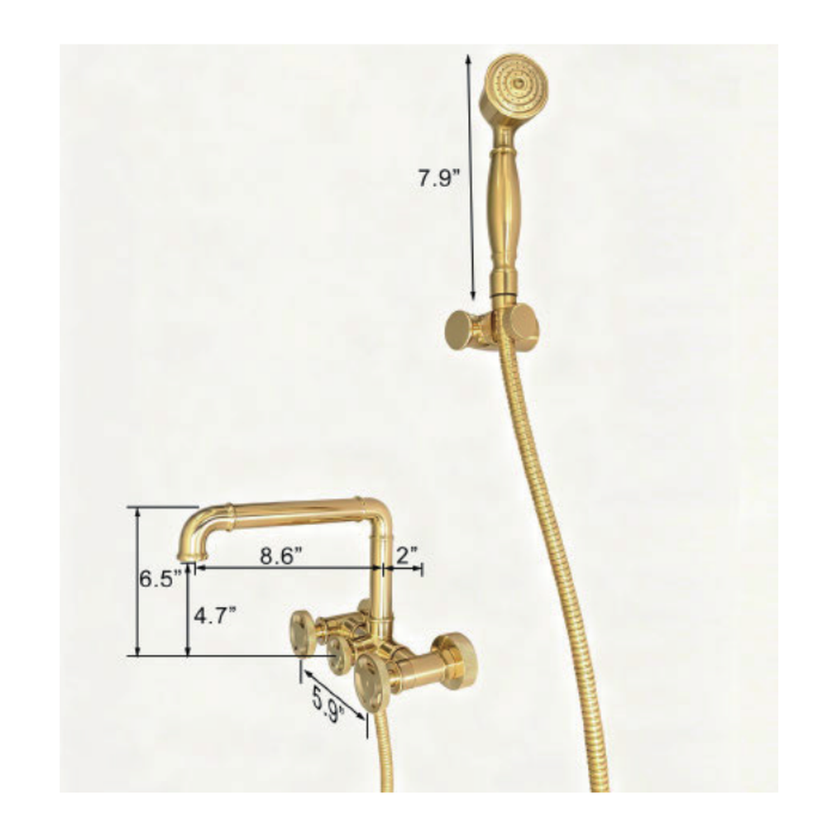 Unlacquered Brass Wall-Mount Tub Filler with Articulated Pipe Spout, Handshower and Spoke Wheel Handles technical document