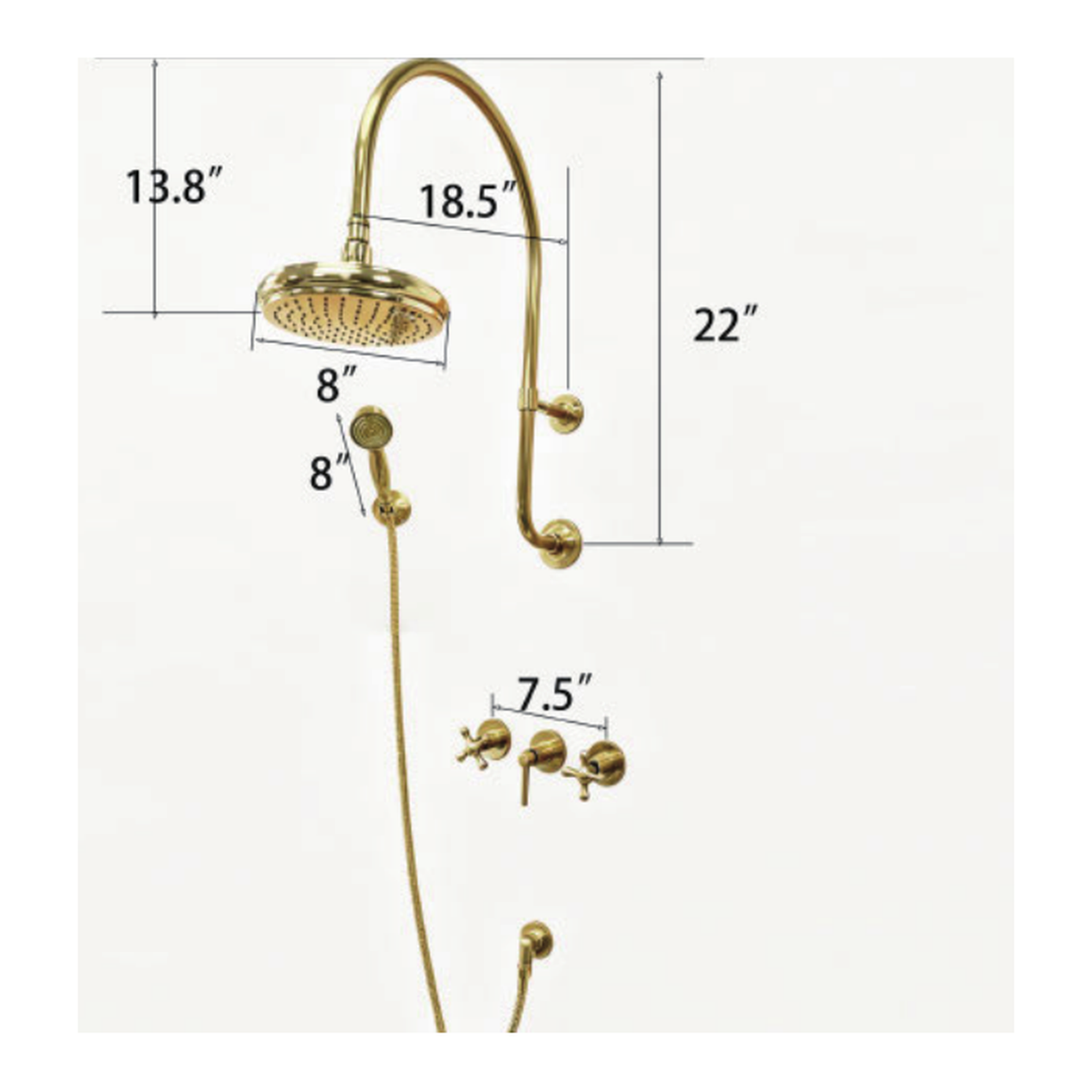 Unlacquered Brass Wall-Mount Shower System with Gooseneck Arm, Rain Head and Handshower technical document