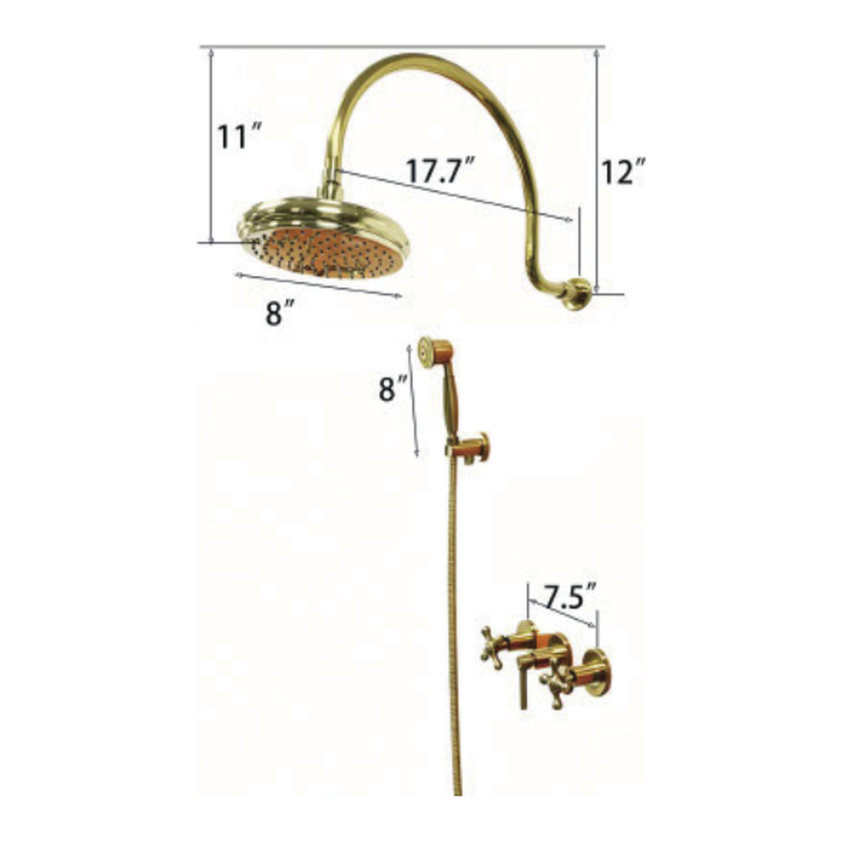 Unlacquered Brass Wall-Mount Shower System with Gooseneck Arm, Bell Rain Head, Handshower and Cross Handles technical document