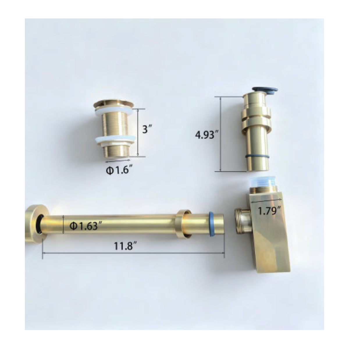 Solid Unlacquered Brass Square Bottle Trap with Pop-Up Sink Drain and Wall Tube technical document