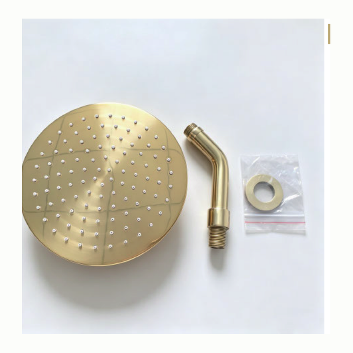 Solid Unlacquered Brass Eight Inch Round Rain Shower Head with S-Curve Wall Arm technical document