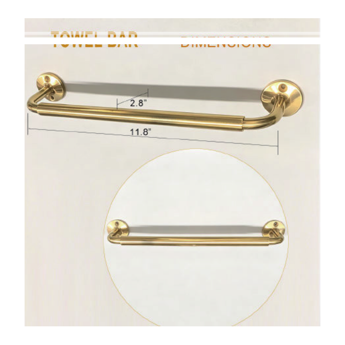 Solid Unlacquered Brass Wall-Mount Single Towel Bar with Flat Round Backplates and Stepped Bar technical document